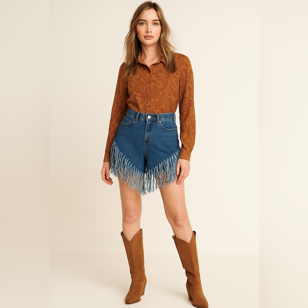 Fashion Nova Denim Fringe High Waisted Shorts Small